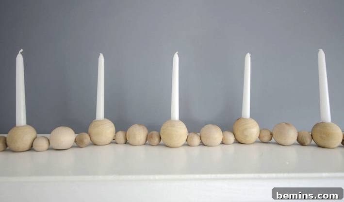 Finished DIY Wood Bead Candle Holder with Taper Candles