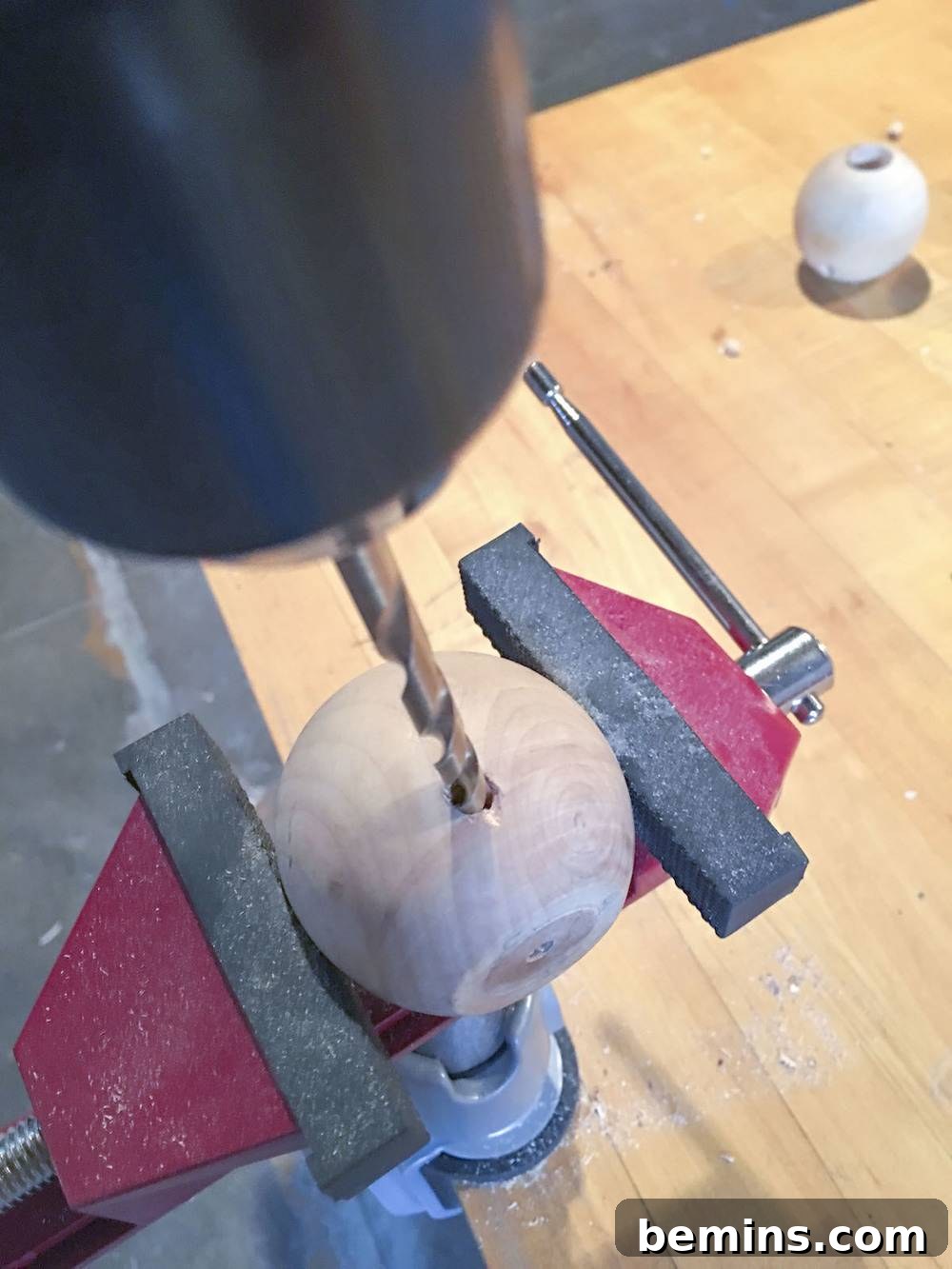 Drilling a Side Hole in a Wooden Bead with a Vise Clamp