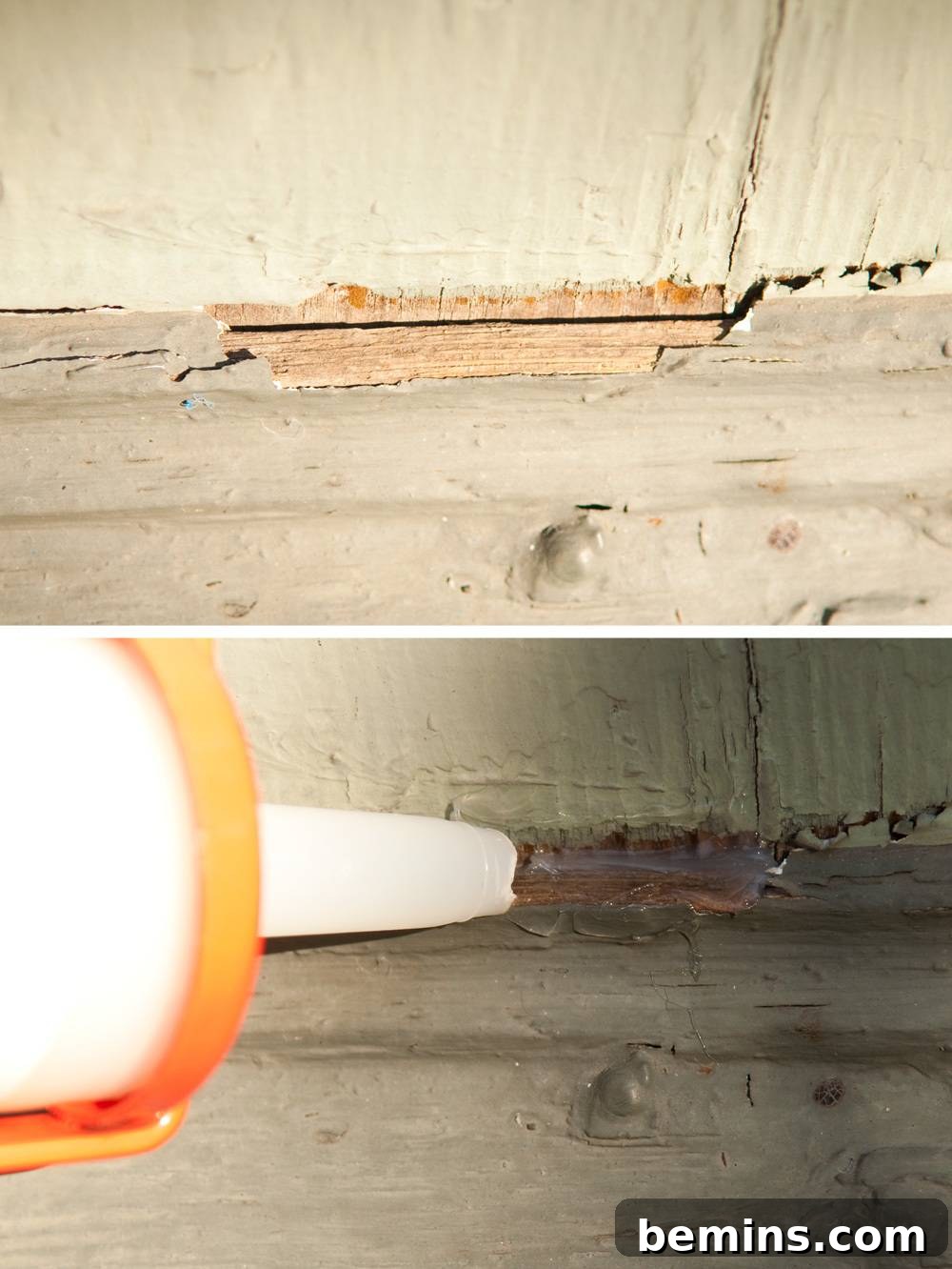 Small glue gun patching up a cracked section of a porch.