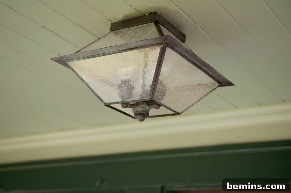 New outdoor light fixture hanging from the porch ceiling.