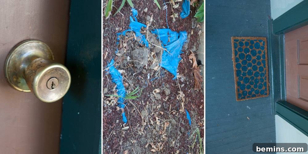 Worn-out doorknob, overgrown garden bed with tarp, and a faded welcome mat.