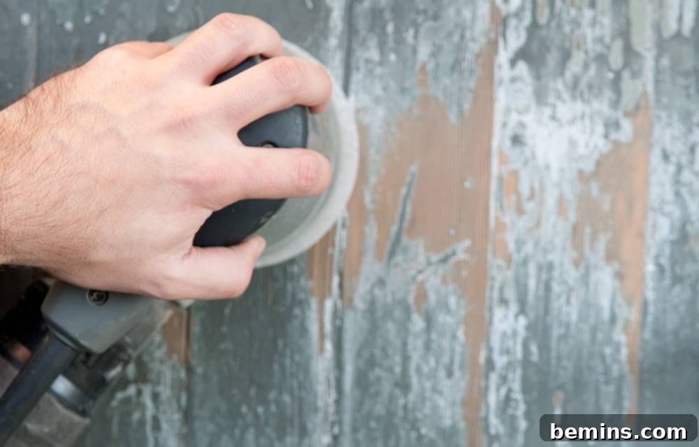 Man using a sander to remove old paint from wooden porch floor.