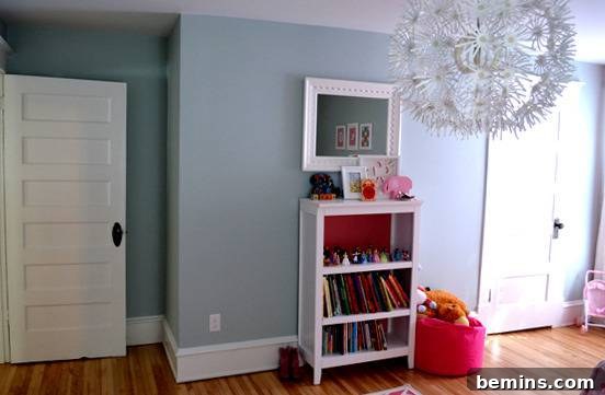 Before: Books sitting on a white book shelf in a blue room.