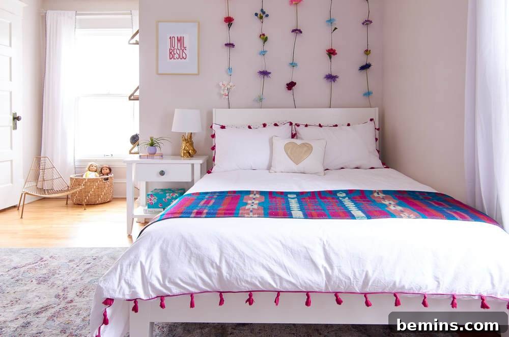 A Whimsical Retreat: Designing a Dream Bedroom for Our Daughter 16 After: A modern bedroom with a rainbow of colours in strategic places around the room.