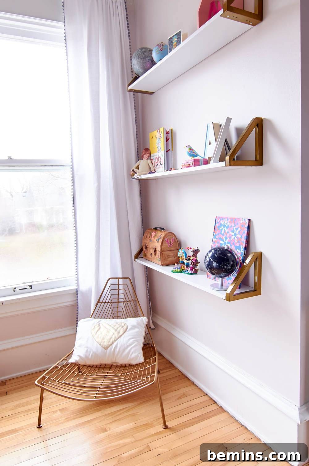 A cozy reading corner in Ayla's room, featuring a comfortable chair and strategically placed bookshelves.