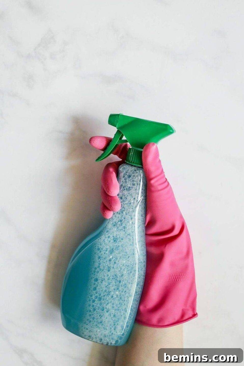 Close-up image of a hand in a pink glove holding a spray bottle against a white background.